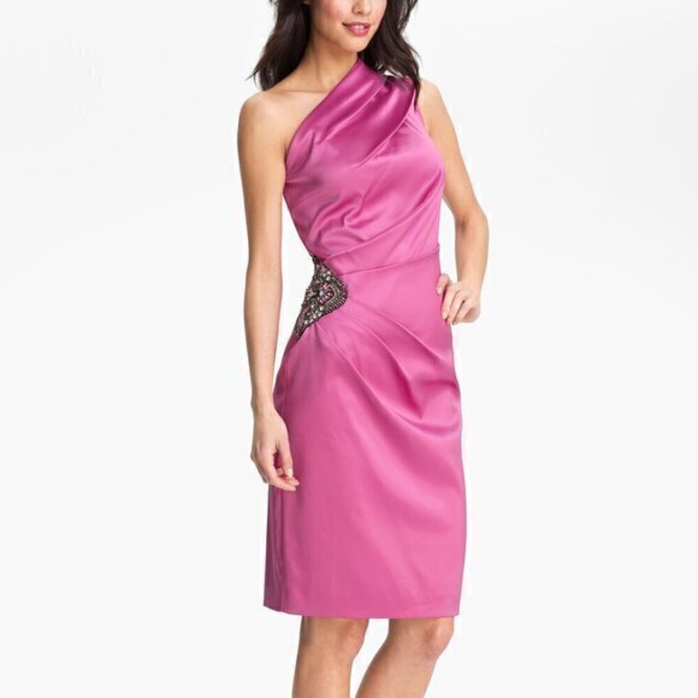 Eliza J Size 14 Pink Satin One-Shoulder Beaded Cocktail Dress 41”